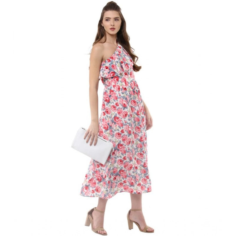 Mayawye Women's Polyester Crepe Floral One Shoulder One Shoulder Dress (Multicolor)