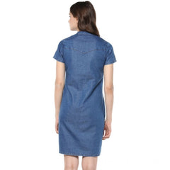 Mayawye Women's Denim Solid Tie-Up Neck Short Sleeve Dress (Blue)