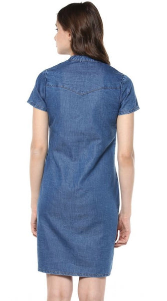 Mayawye Women's Denim Solid Tie-Up Neck Short Sleeve Dress (Blue)