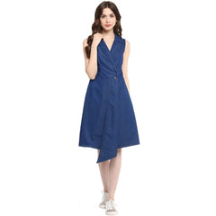 Mayawye Women's Denim Solid Collar Neck Sleeveless Dress (Blue)