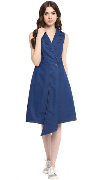Mayawye Women's Denim Solid Collar Neck Sleeveless Dress (Blue)