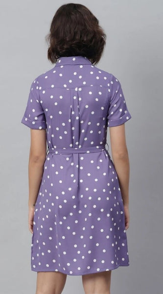 Mayawye Women's Polyester Polka Collar Neck Short Sleeve Dress (Lavender)