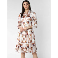 Mayawye Women's Polyester Pleated Collar Neck Long Sleeves Dress (White)
