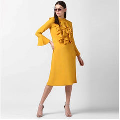 Mayawye Women's Polyester Ruffled Close Neck Long Sleeves Dress (Yellow)