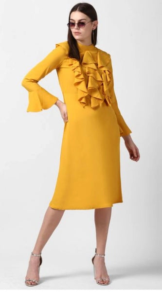 Mayawye Women's Polyester Ruffled Close Neck Long Sleeves Dress (Yellow)
