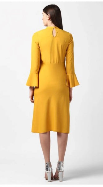 Mayawye Women's Polyester Ruffled Close Neck Long Sleeves Dress (Yellow)