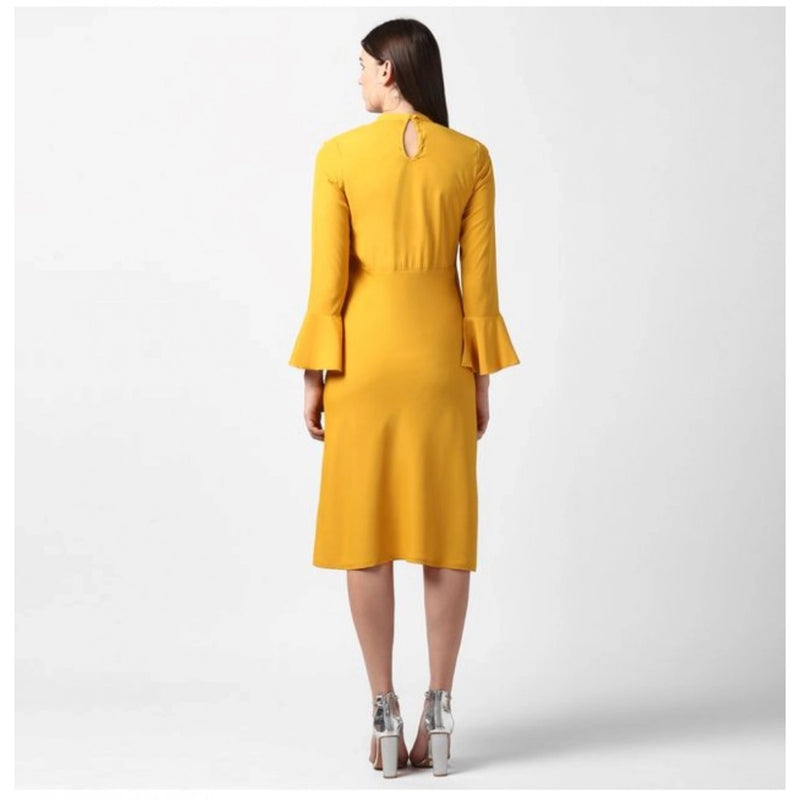Mayawye Women's Polyester Ruffled Close Neck Long Sleeves Dress (Yellow)