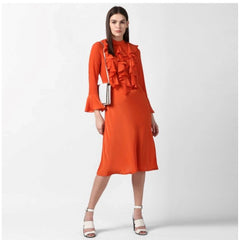 Mayawye Women's Polyester Ruffled Close Neck Long Sleeves Dress (Orange)