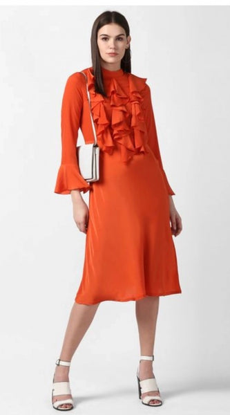 Mayawye Women's Polyester Ruffled Close Neck Long Sleeves Dress (Orange)
