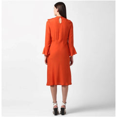 Mayawye Women's Polyester Ruffled Close Neck Long Sleeves Dress (Orange)