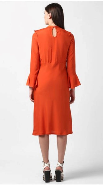 Mayawye Women's Polyester Ruffled Close Neck Long Sleeves Dress (Orange)