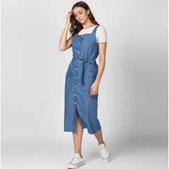 Mayawye Women's Denim Solid Round Neck Sleeveless Dress (Blue)