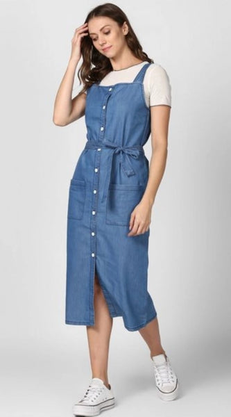 Mayawye Women's Denim Solid Round Neck Sleeveless Dress (Blue)