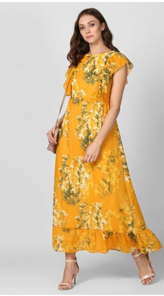 Mayawye Women's Polyester Floral Round Neck Butterfly Sleeve Dress (Yellow)