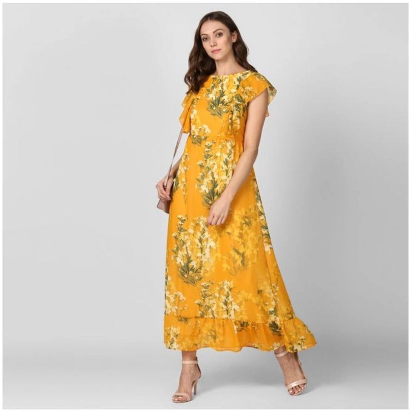 Mayawye Women's Polyester Floral Round Neck Butterfly Sleeve Dress (Yellow)