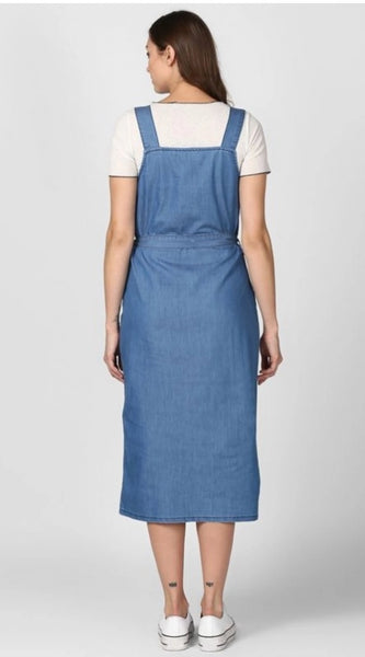 Mayawye Women's Denim Solid Round Neck Sleeveless Dress (Blue)