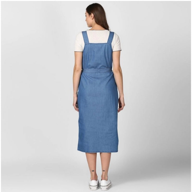 Mayawye Women's Denim Solid Round Neck Sleeveless Dress (Blue)