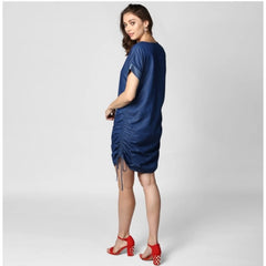 Mayawye Women's Denim Solid Close Neck Short Sleeve Dress (Blue)