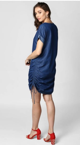 Mayawye Women's Denim Solid Close Neck Short Sleeve Dress (Blue)
