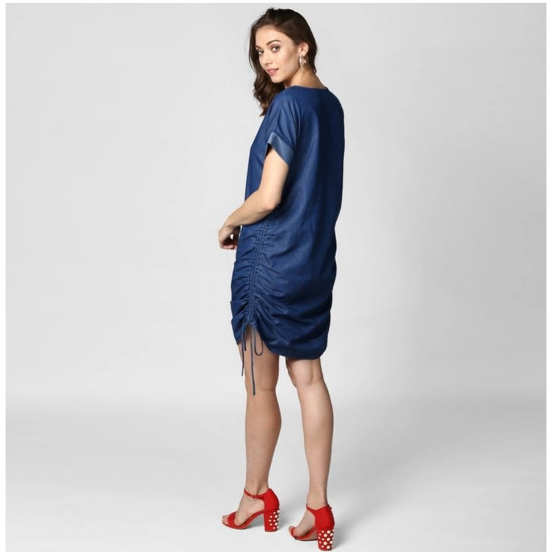 Mayawye Women's Denim Solid Close Neck Short Sleeve Dress (Blue)