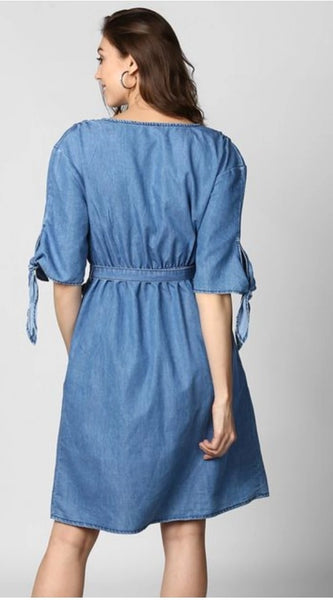 Mayawye Women's Denim Solid V-Neck Tie Ups Dress (Blue)