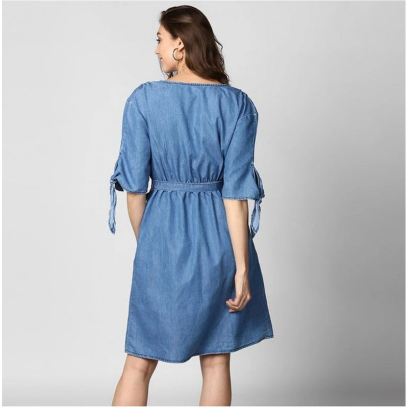 Mayawye Women's Denim Solid V-Neck Tie Ups Dress (Blue)