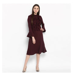Mayawye Women's Polyester Ruffled Close Neck Bell Sleeve Dress (Maroon)
