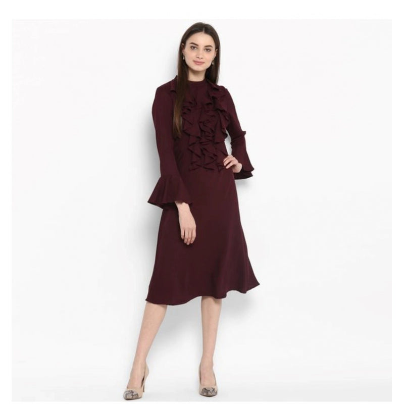 Mayawye Women's Polyester Ruffled Close Neck Bell Sleeve Dress (Maroon)