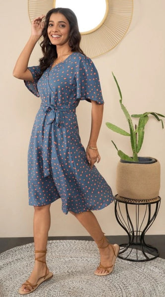 Mayawye Women's Polyester Moss Polka V-Neck Bell Sleeve Dress (Grey)