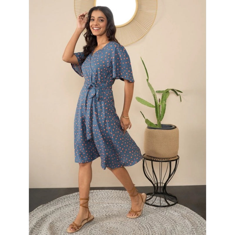 Mayawye Women's Polyester Moss Polka V-Neck Bell Sleeve Dress (Grey)