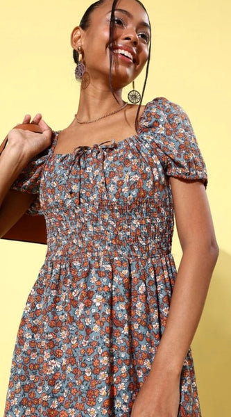 Mayawye Women's Polyester Moss Floral Square Neck Puff Sleeve Dress (Multicolor)