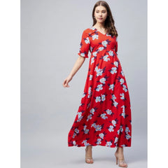 Mayawye Women's Cotton Blend Floral V-Neck Half Sleeve Dress (Blue-Red)
