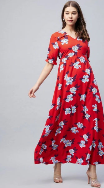 Mayawye Women's Cotton Blend Floral V-Neck Half Sleeve Dress (Blue-Red)