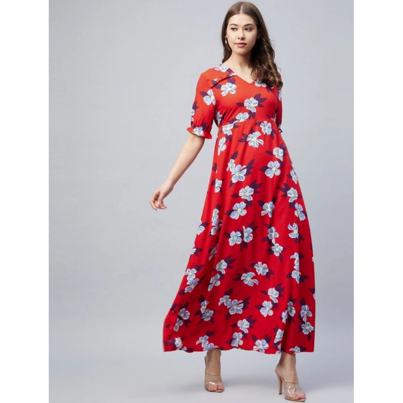 Mayawye Women's Cotton Blend Floral V-Neck Half Sleeve Dress (Blue-Red)