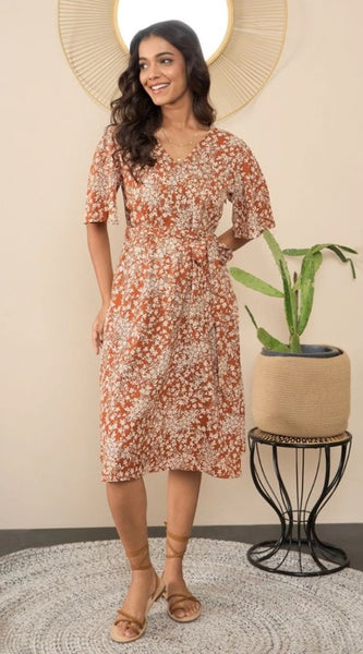 Mayawye Women's Polyester Moss Floral V-Neck Bell Sleeve Dress (Brown)