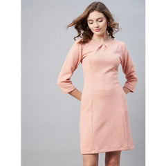 Mayawye Women's Polyester Jacquard Self Design Round Neck 3/4th Sleeves Dress (Pink)