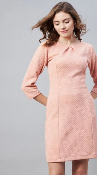 Mayawye Women's Polyester Jacquard Self Design Round Neck 3/4th Sleeves Dress (Pink)