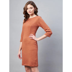 Mayawye Women's Polyester Jacquard Self Design Round Neck 3/4th Sleeves Dress (Rust)
