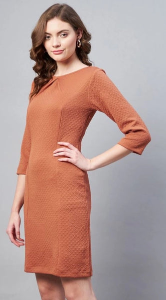 Mayawye Women's Polyester Jacquard Self Design Round Neck 3/4th Sleeves Dress (Rust)