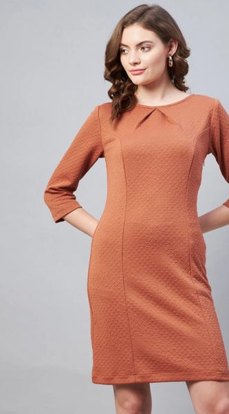 Mayawye Women's Polyester Jacquard Self Design Round Neck 3/4th Sleeves Dress (Rust)