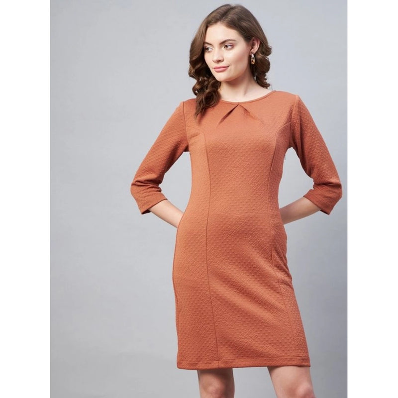 Mayawye Women's Polyester Jacquard Self Design Round Neck 3/4th Sleeves Dress (Rust)