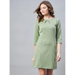 Mayawye Women's Polyester Jacquard Self Design Round Neck 3/4th Sleeves Dress (Olive)