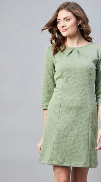 Mayawye Women's Polyester Jacquard Self Design Round Neck 3/4th Sleeves Dress (Olive)