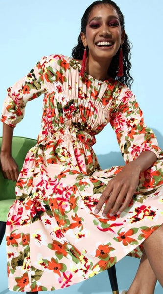 Mayawye Women's Polyester Moss Polka Round Neck 3/4th Sleeves Dress (Multicolor)