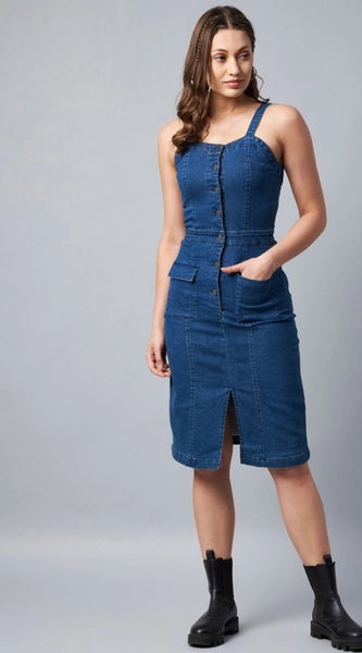 Mayawye Women's Denim Lycra Solid Square Neck Shoulder Straps Dress (Blue)