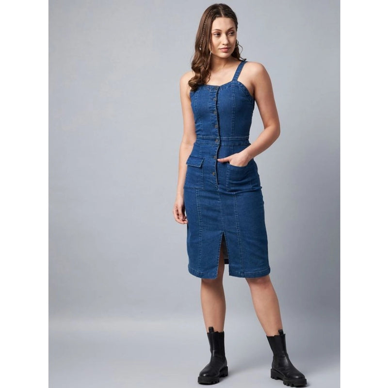 Mayawye Women's Denim Lycra Solid Square Neck Shoulder Straps Dress (Blue)