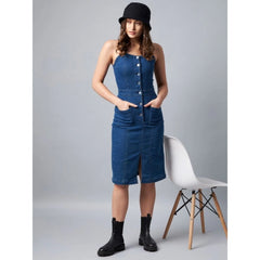 Mayawye Women's Denim Lycra Solid Square Neck Shoulder Straps Dress (Blue)