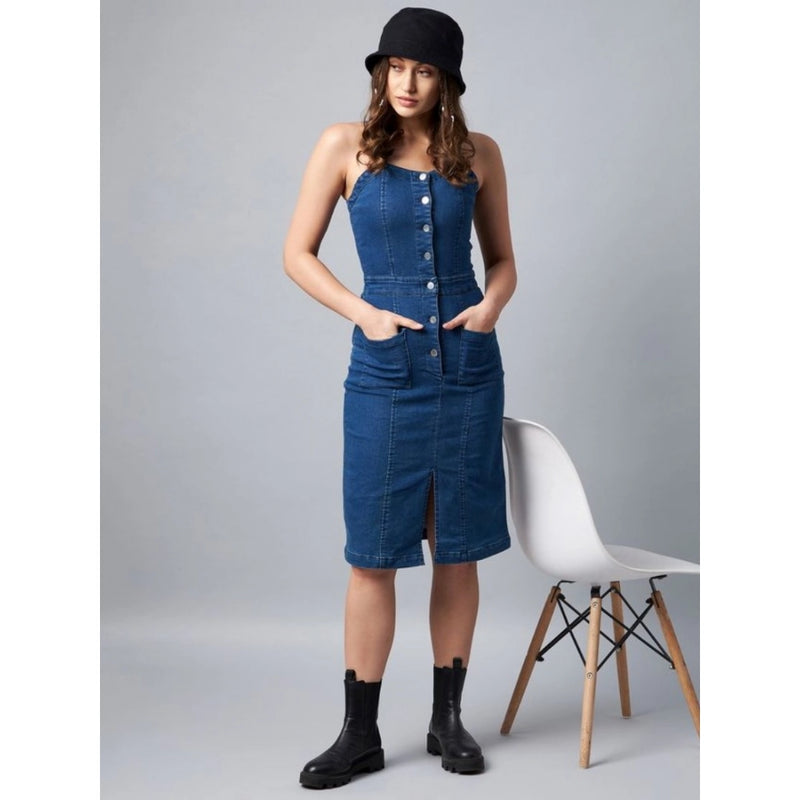 Mayawye Women's Denim Lycra Solid Square Neck Shoulder Straps Dress (Blue)