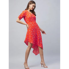 Mayawye Women's Polyester Floral V-Neck Short Sleeve Dress (Orange)