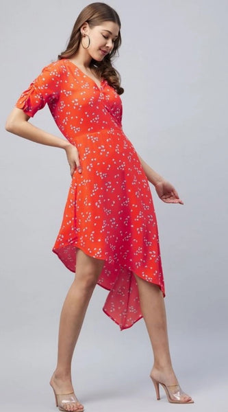 Mayawye Women's Polyester Floral V-Neck Short Sleeve Dress (Orange)